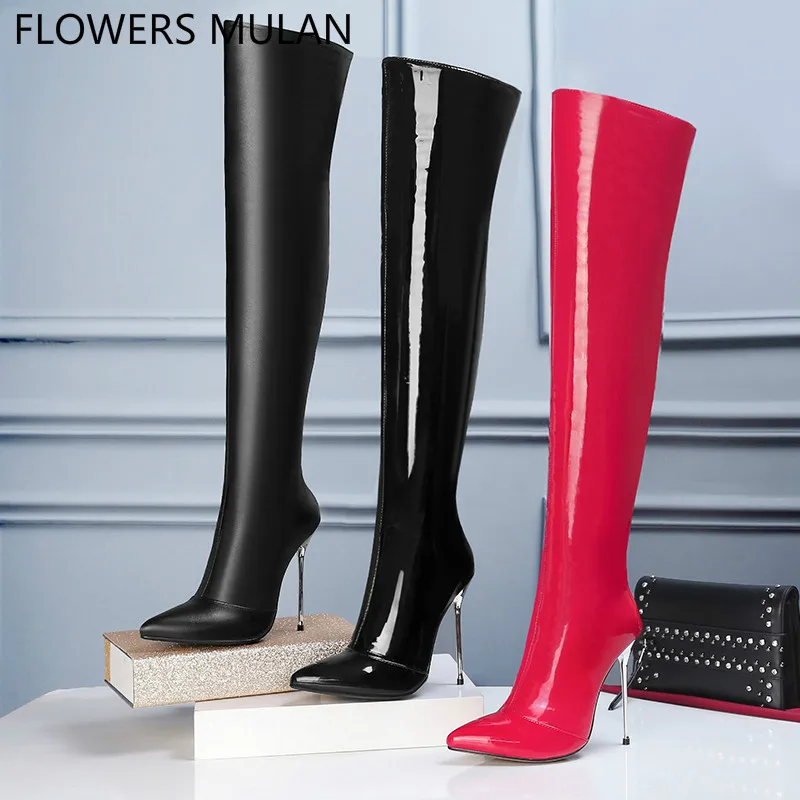 

Fashion Red Black Patent Leather Winter Boots Women Over The Knee Sexy Pointed Toe Super High Heels Winter Shoes Woman Zapatos