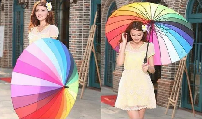 Fashion Women parasol Rainbow Umbrella Big Long Handle Straight Colorful Umbrella Female Sunny And Rainy Umbrella