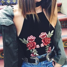 2017 Summer New Tanks Top Women 3D Flower patch in Embroidery Sexy Black Women Camis Tank Female crop Tops haut sexy pour femme