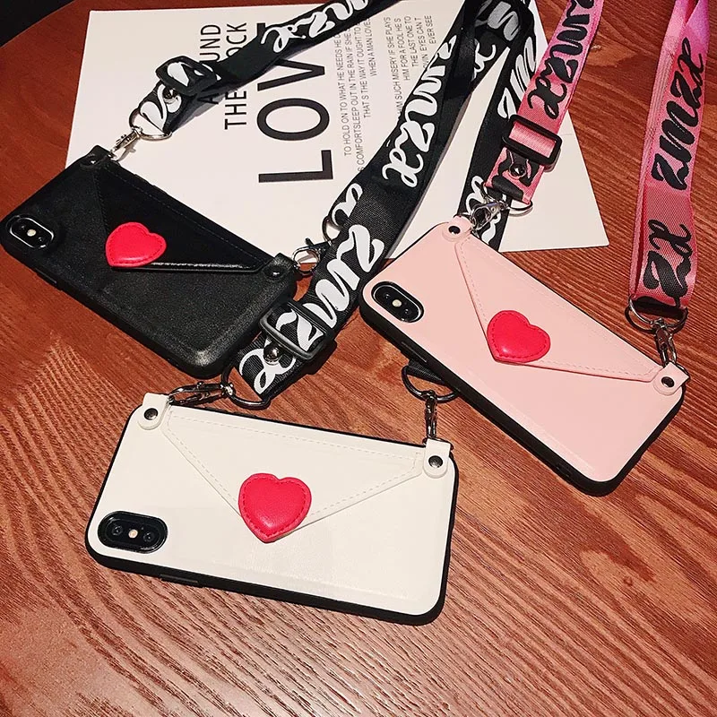 

Luxury Lovely Heart Pink Leather Phone Case for iPhone 7 7Plus 8 Plus 6 6s Plus X XS Max XR Fashion Brand wallet Phone cases