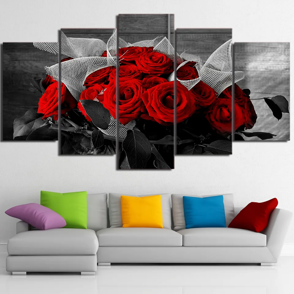 Canvas Pictures Artworks HD Prints 5 Pieces Beautiful Red Rose Flowers
