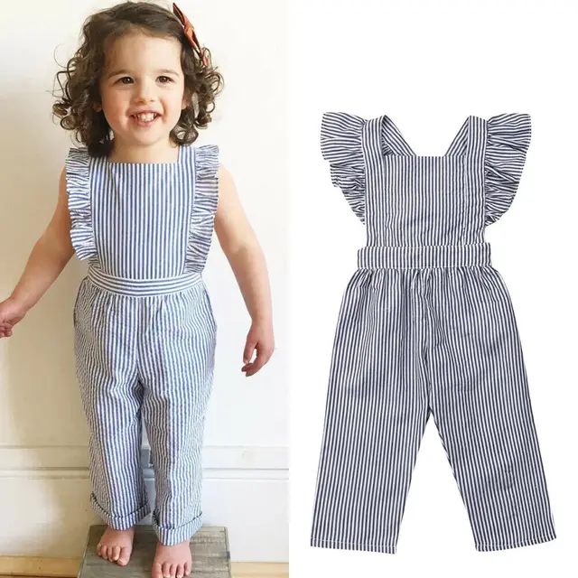 1 6T Toddler Baby Girl Blue Striped Jumpsuit Ruffle Sleeveless Overalls