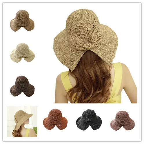 Big Wide Brim Bow Straw Hat Woman Summer Beach Hat Handmade Glris Casual Cap Women Straw Cap Beach Big Brim Hat