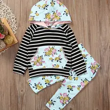 Одежда для маленьких девочек; Одежда для новорожденных с капюшоном футболка с длинным рукавом+ штаны с цветочным узором леггинсы в полоску Костюмы Одежда для маленьких девочек