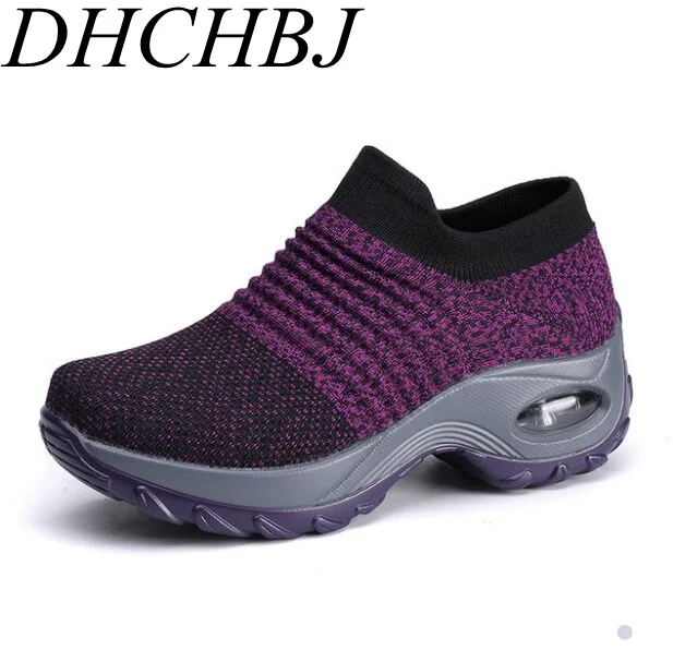 

2019 Spring women platform sneakers shoes flat slip on walking shoes women black breathable mesh sock sneakers shoes