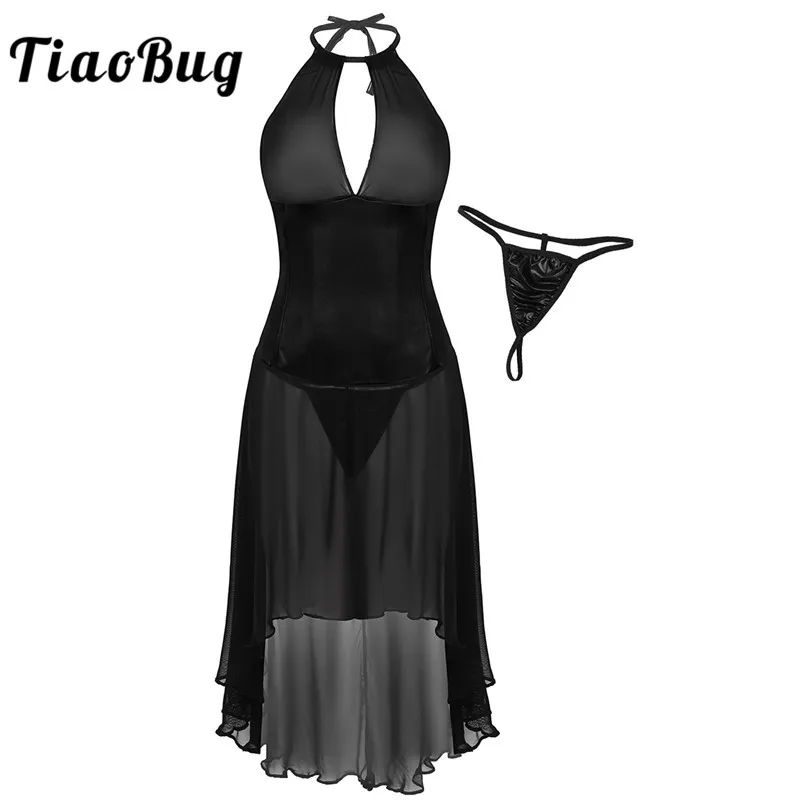 

TiaoBug Women Black Wetlook Patent Leather Transparent Mesh Splice Halter Sexy Dress with G-string Nightclub Party Porno Costume
