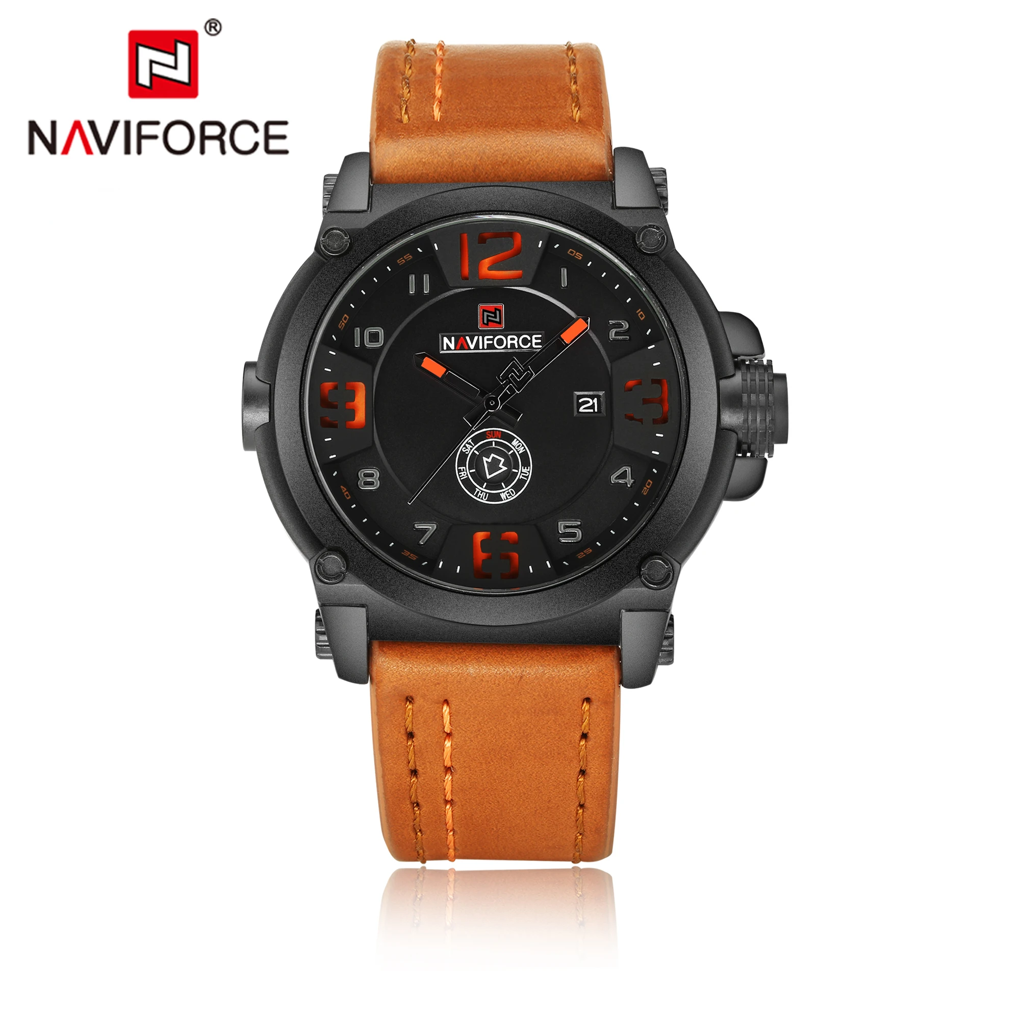 Мужские спортивные часы NAVIFORCE с кожаным ремешком, модные мужские водонепроницаемые наручные часы Saat - Цвет: Orange