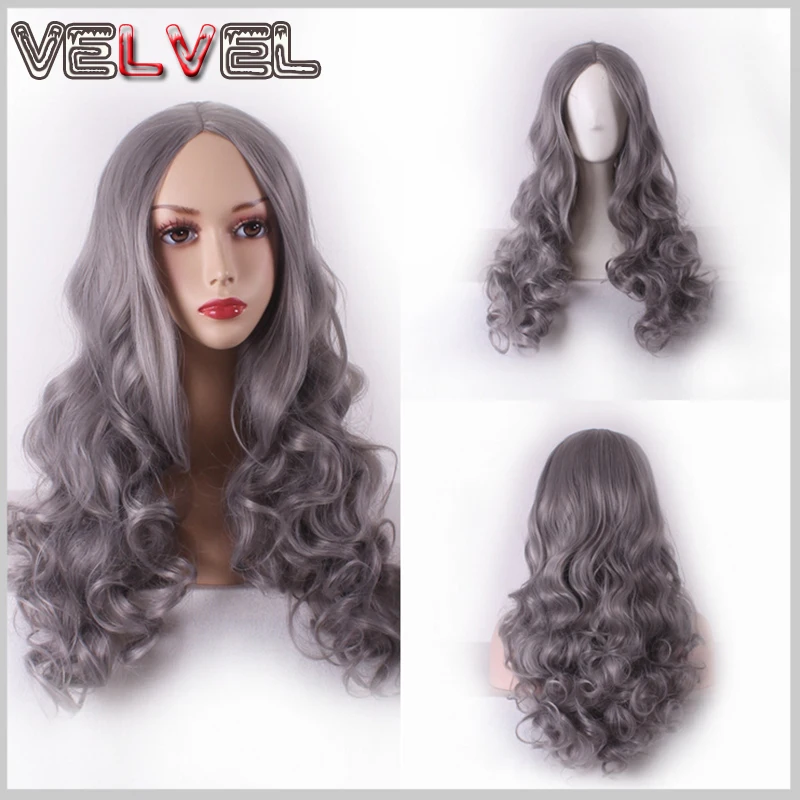 Sexy Women Wig Gray Long Curly High Quality Heat Resistant Lady Hair Wigs Western Style Skin Top