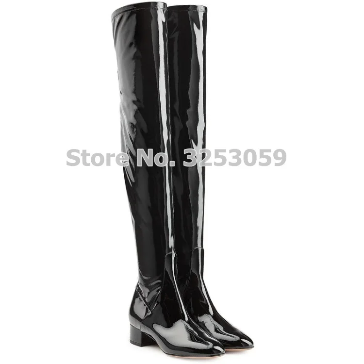 

ALMUDENA European Style Women Sexy Patent Leather Thigh High Boots Red Black Chunky Heel Glossy Long Boots Celebrity Dress Boots