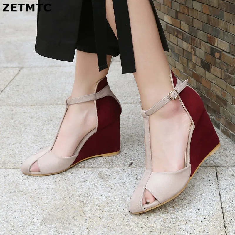 

ZETMTC Shoes Women Pumps High Heels Wedges Heels T-Strap Shoes Spring Ladies High Heel Shoes Cutout Party Pumps Summer Blue Red