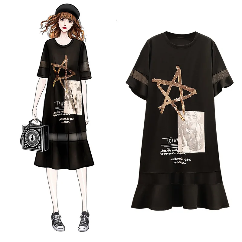 

4XL Plus size Dress Black mesh patchwork Star shimmer Casual big yards dresses short sleeve summer Women Loose Vestidos