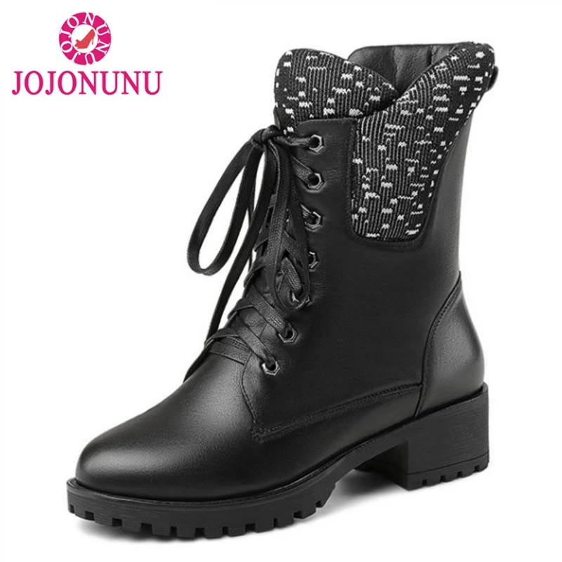 

JOJONUNU Women High Heels Ankle Boots Real Leather Shoes Woman Lace Up Warm Fur Shoes Winter Zipper Designer Shoes Size 35-40
