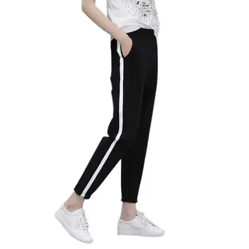 

Women Casual Silm Black Loose Pant High Waist White Striped Stitching Wide Leg Pants Trousers Femme 2017 New