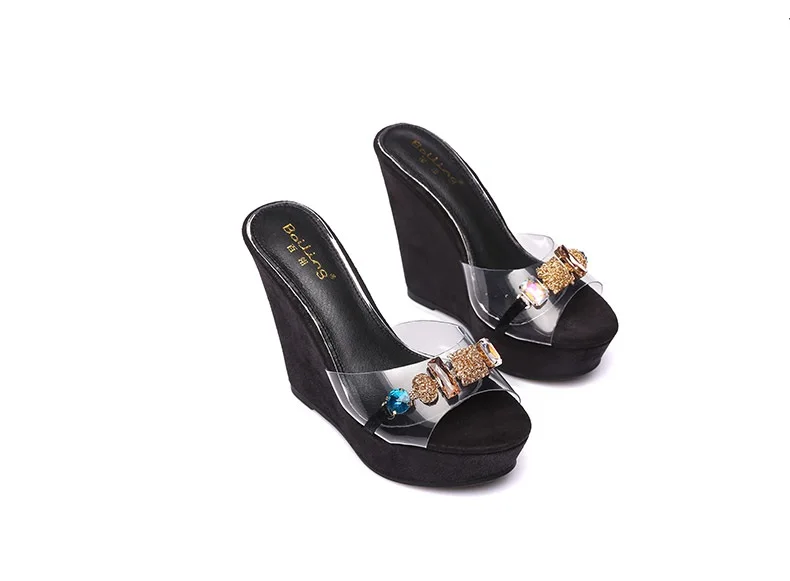 28_New 2018 Wedges Slippers Female Summer Fashion High-heeled Platform Rhinestones Small Size Shoes Pink White Black