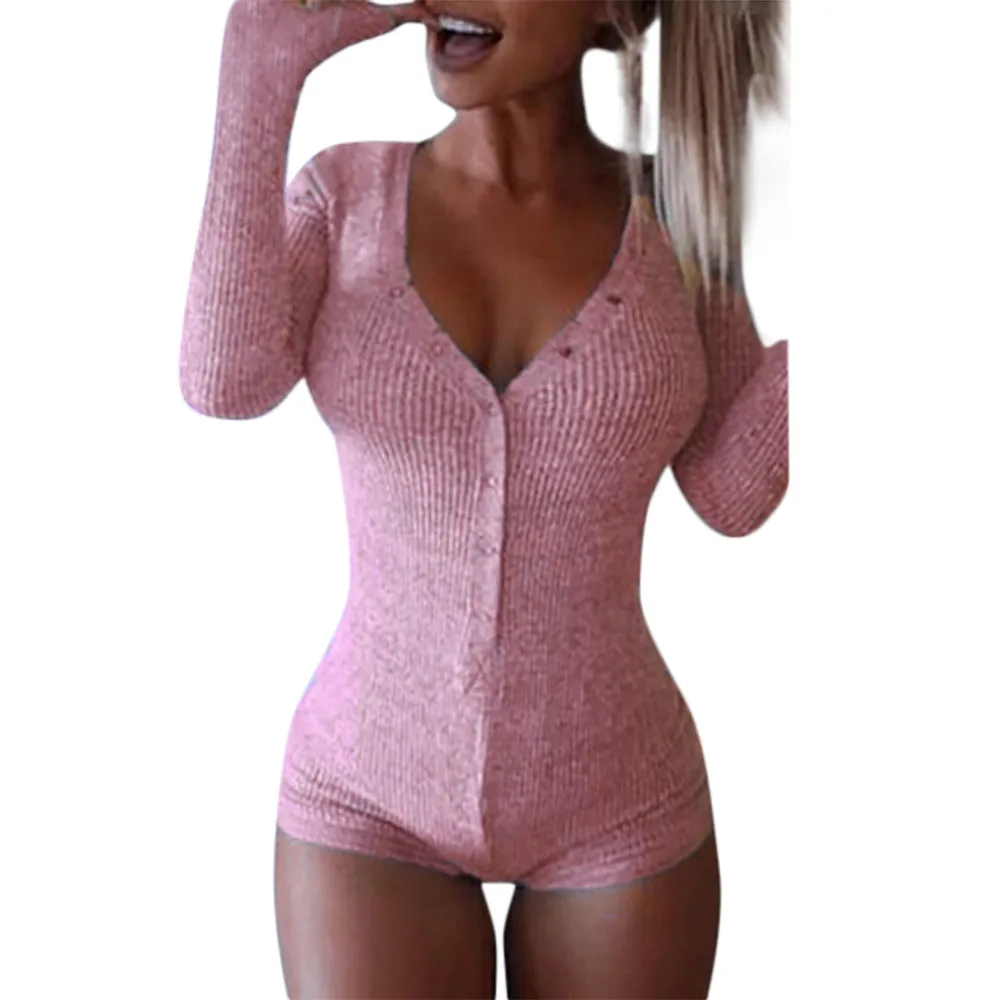 Sexy Bodysuit Women V Neck Cotton Long Sleeve Bodysuit