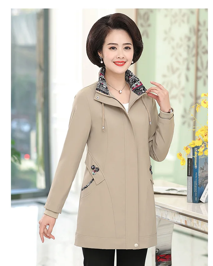 

2019 Spring Plus Size Trench Coat Windbreaker Middle-Aged Woman Fashion Long Trench Zipper Overcoat Casual Trench F129