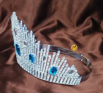 Blue Crystal Miss Universe Pageant Tiaras Large Crowns Clear Rhinestone Headpiece Wedding Bridal Prom Party Costumes