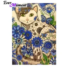 Ever Moment Diamond Painting Picture Of Rhinestone Abstract Cat Blue Flower Full Square Bead Gift Diamond Embroidery 3F1785