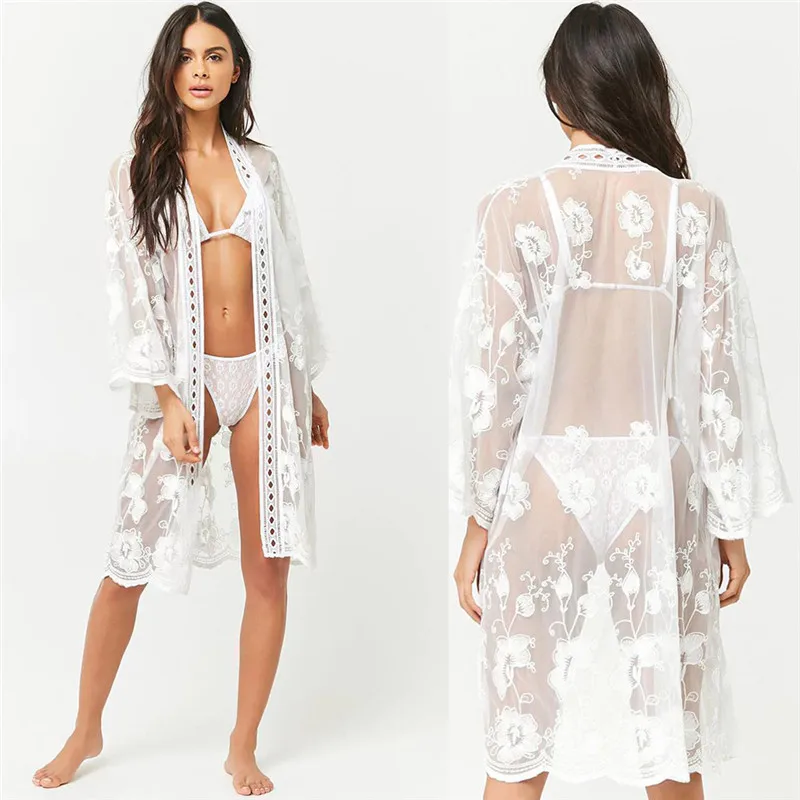 Frauen Sommer Strand tragen Spitze Kaftan Transparent Bikini Abdeckung ups  Elegante lange hülse Strand Kleid Abdeckung ups Badeanzüge  Bademode|Cover-up| - AliExpress