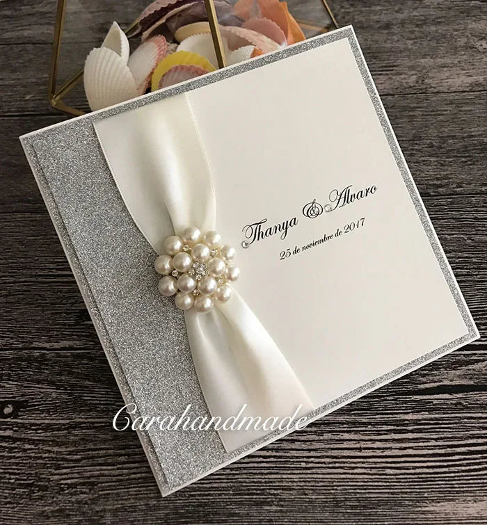  Luxury Silver Wedding Invitations with Antique White Ribbon and Crystal Embellishment - 32779040632