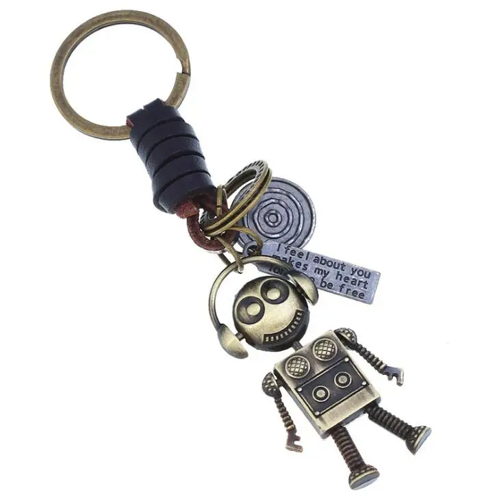 

Punk Fashion Metal Key Chain Vintage Musical Robot Pendant Handmade Leather Keyring Keychains Car Bag Accessories Women Men Gift