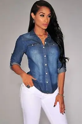 

Fashion Elegant Women's Denim Shirts Lapel Long Sleeve Denim Blouse Wear To Work Slim Tops