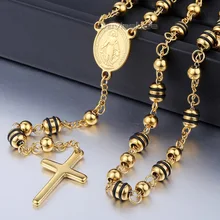 6/8mm Oro Negro Cadena de Cuentas De Acero Inoxidable Plateado Jesús Cristo Cruz Colgante Del Collar Del Rosario Para Hombre Para Mujer de La Joyería LKN434