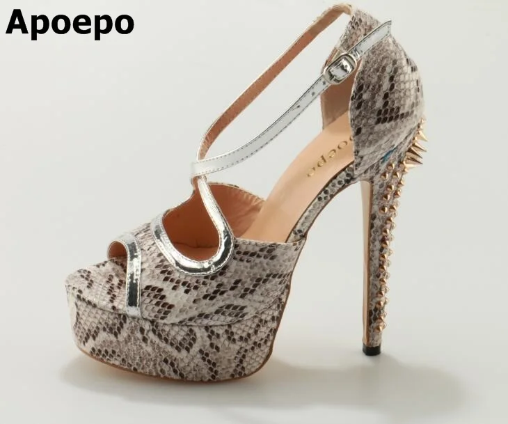 Apoepo Sexy Snake Print Leather Hidden Platform Spike Heel Pumps Peep Toe Ankle Strap Rivet Dress Shoes Woman High Heel Pumps 