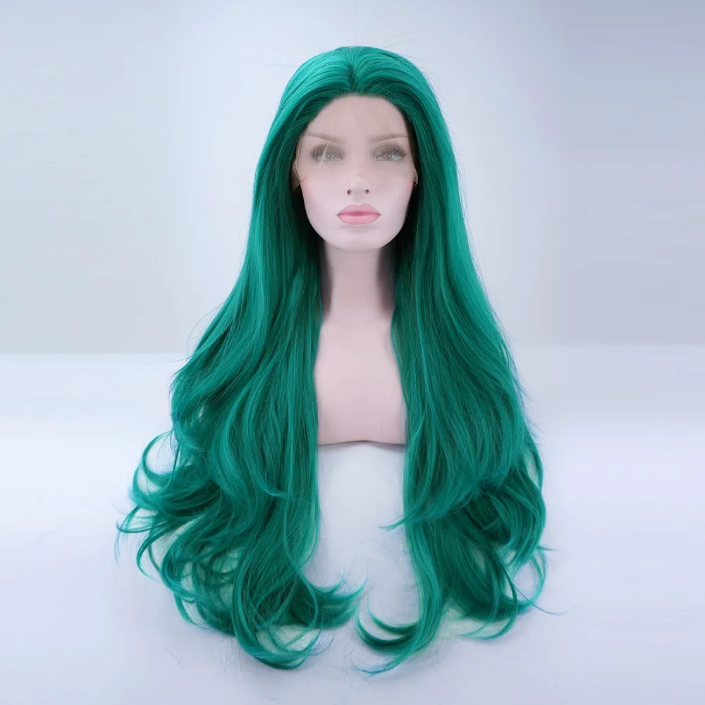 2" Аниме зеленые длинные волнистые волосы Хэллоуин вечерние термостойкие синтетические кружева передний парик+ крышка