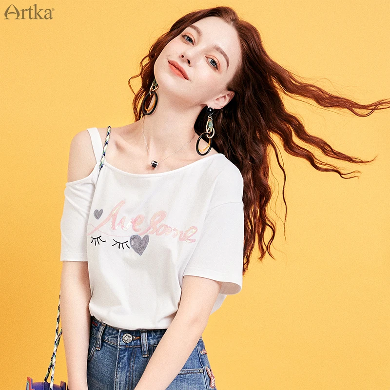 Женская футболка ARTKA белая с коротким рукавом украшенная блестками на бретельках