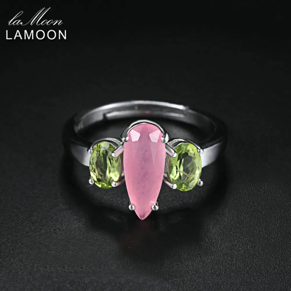 LAMOON 2018 Natural Rose Quartz & Peridot S925 Adjustable Rings Silver Color 925-Sterling-Silver Gemstone Fine Jewelry LMRI064