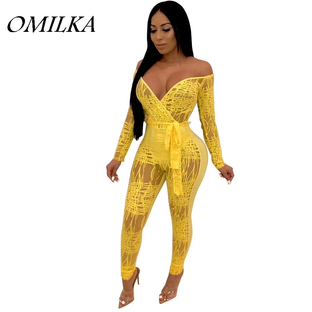 

OMILKA Off the Shoulder V Neck Lace Rompers and Jumpsuits 2019 Summer Women Hollow Out Yellow Pink Black Club Party Overalls