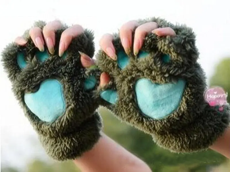 Зимние женские перчатки Милая кошачья лапа Paw плюшевые варежки короткие перчатки без пальцев половина пальца