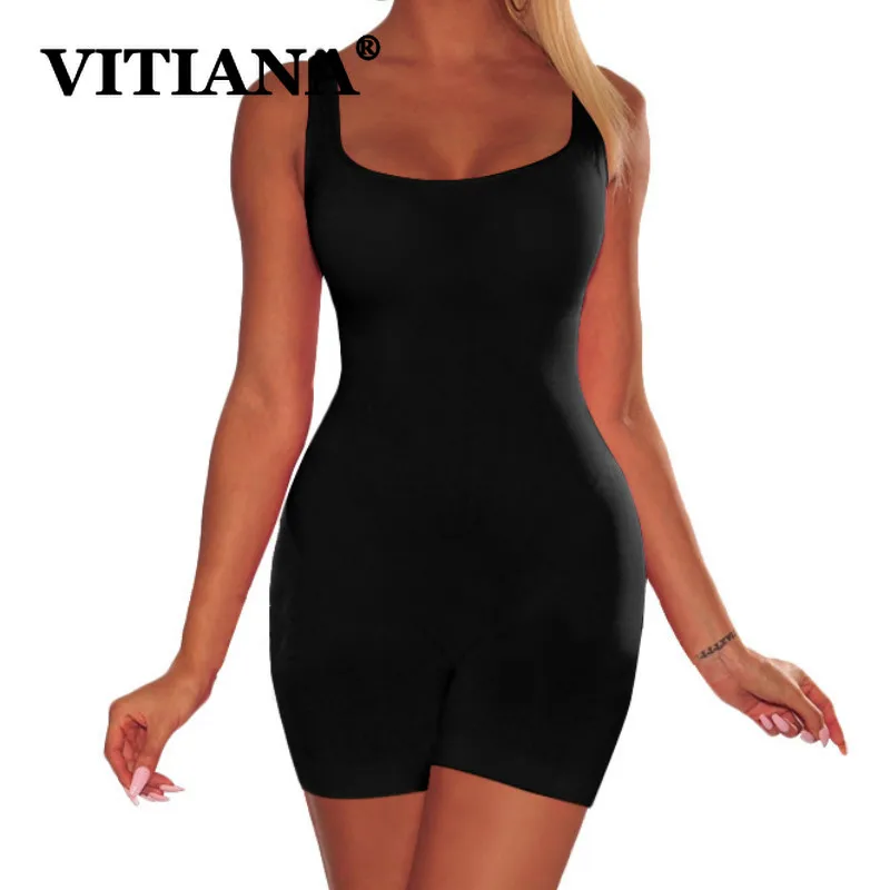 

VITIANA Women Bodycon Sexy Playsuits Summer 2019 Female Sleeveless Backless Solid Black Rompers Womens Slim Clubwear Playsuit