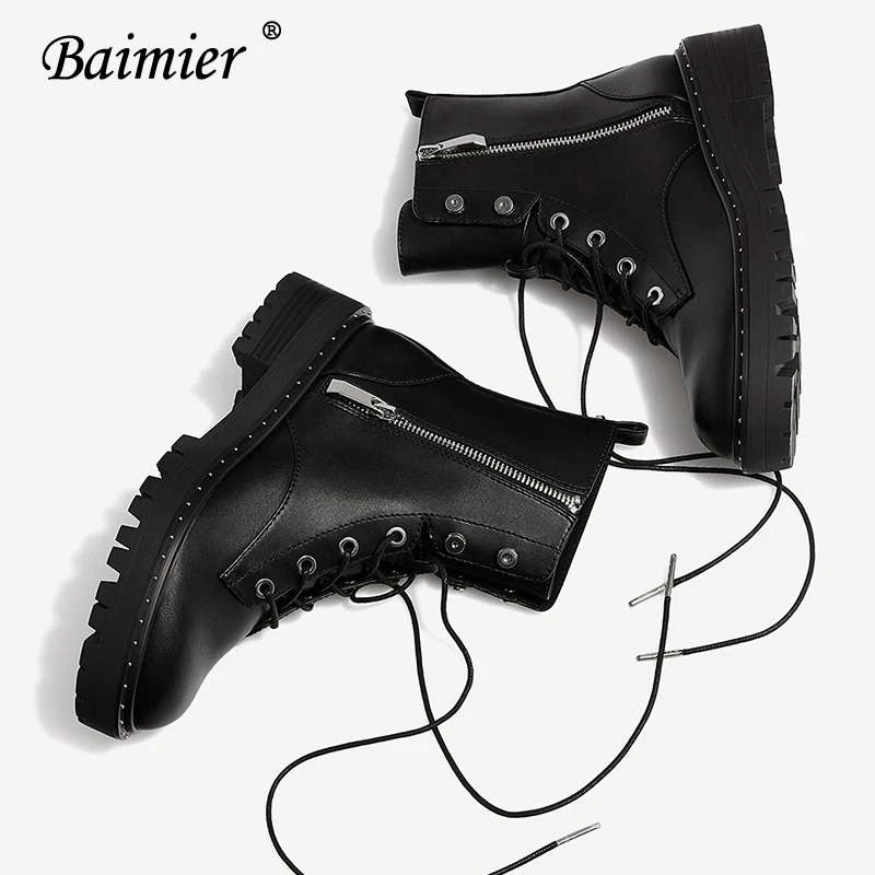 Черные женские ботинки Baimier из натуральной кожи ботильоны на шнуровке с