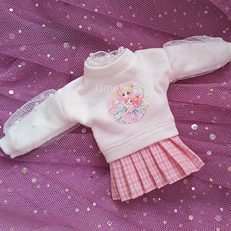 

1 Set Sailor Moon Crewnecks Tops + Plaid Skirts for Blyth, Licca, Azone Clothes Outfits Accessories