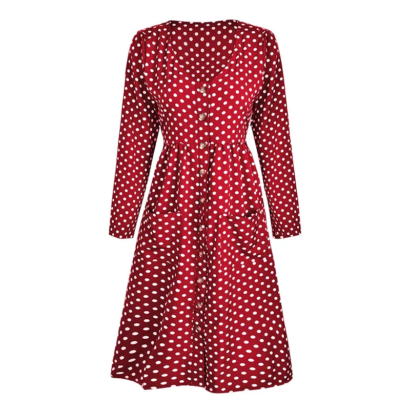 Qunndy Sexy Polka Dots A Line Dress Women 2018 Autumn Polyester V Neck Knee Length Buttons Pockets Midi Dresses Beach Vestidos (5)