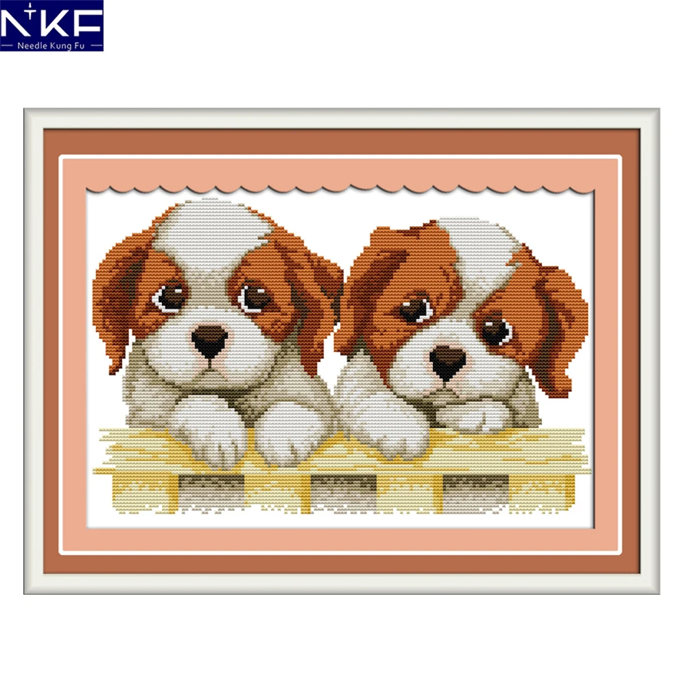 

NKF Two Puppies Cartoon Counted Cross Stitch 11CT14CT DIY Kits Needlework Embroidery Cross Stitch Sets for Kids