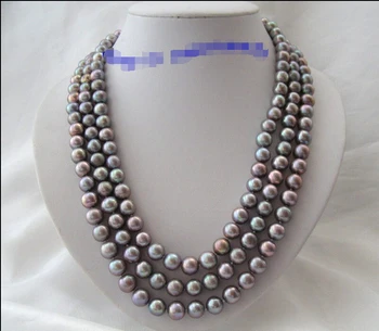 

free shipping >SUPER 3rows 10mm round gray freshwater cultured pearl necklace d225