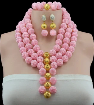

Gold-color Ball Pink Fashion Nigeria Wedding african beads jewelry set Crystal Plastic pearl necklace Bridal Jewelry