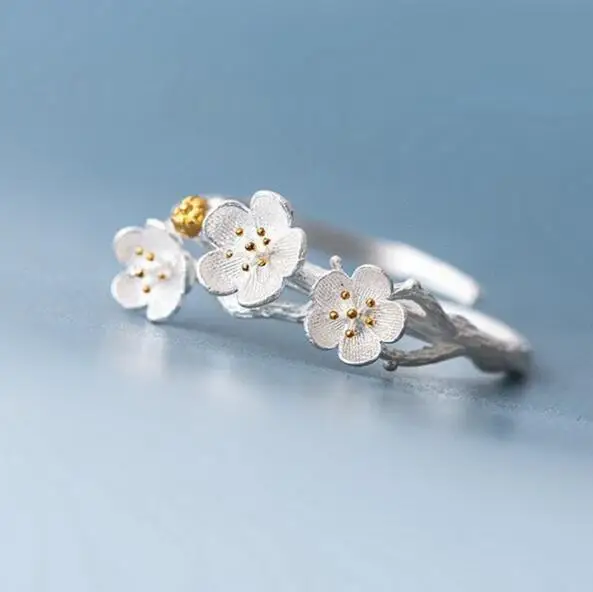 

New Sterling Silver Jewelry Adjustable Ring Cherry Blossom Fashion Summer Branch Gold Flowers Rings For Women VRS2089