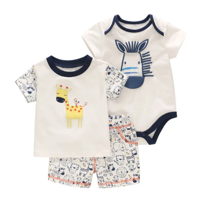 

2019 summer new boy cute deer cotton print T-shirt suit summer baby clothes boy short-sleeved T-shirt + romper + shorts
