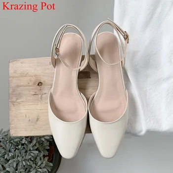

brand big size cow leather shallow med heels round toe women sandals buckle strap gladiator elegant office lady summer shoes L29