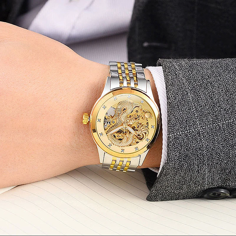 Reloj Hombre Dragon Skeleton Automatic Mechanical Watches For Men Wrist Watch Steel Strap Gold Clock 50m Waterproof Male