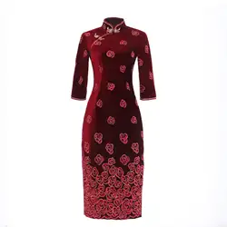 Осень Зима Новая роза вышивка бархат Половина рукава Длинные Cheongsam Повседневный улучшенного качества платье