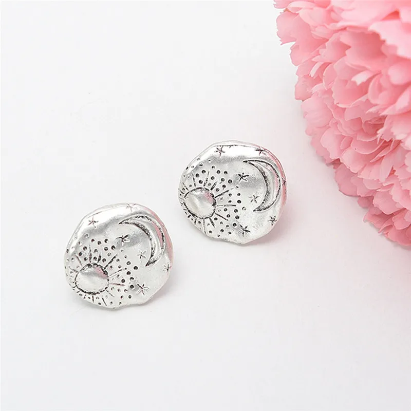 Zinc Alloy Round Stud Earrings Women Texture Sun Moon Star Minimalist Studs Earring Drop Earing Gold
