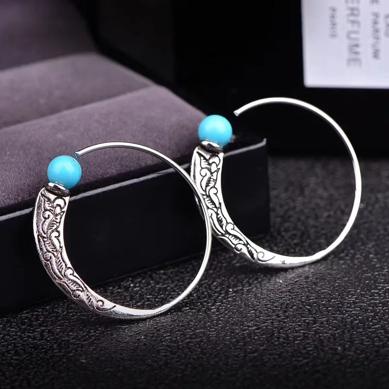 

925 Silver Hoop Earrings Set Big Circle Vintage Floral Pattern and Natural Turquois Earring for Women Fashion Jewelry