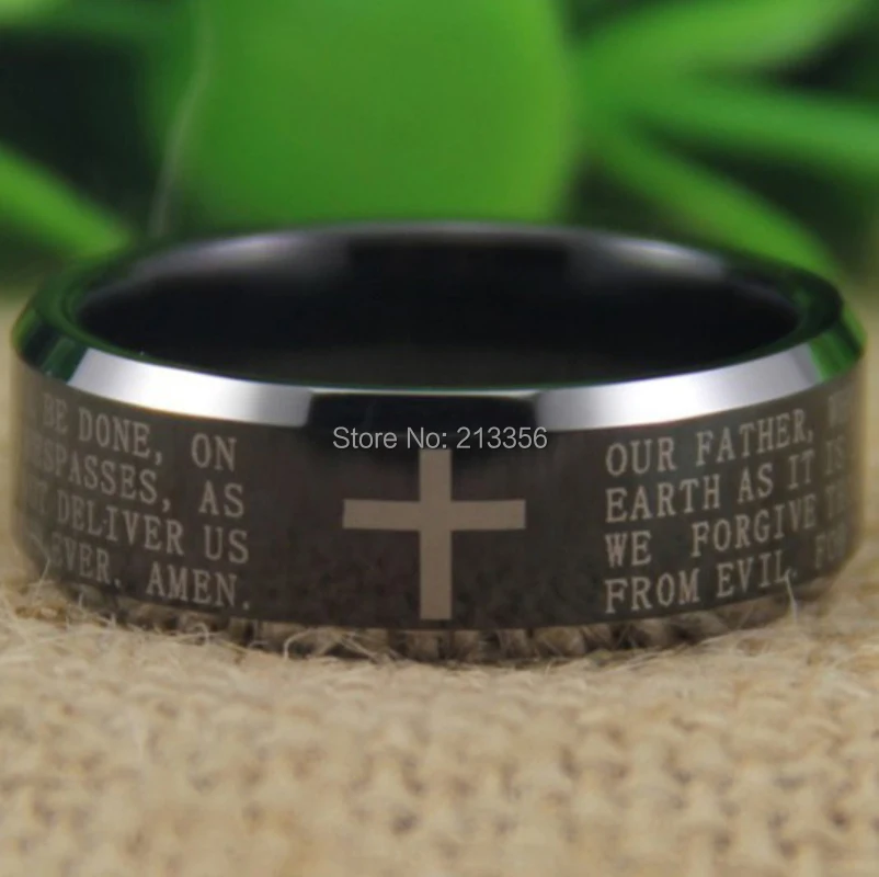 Новое поступление кольцо 8 мм черный, серебристый цвет скошенный Господа молитвы Вольфрам кольцо для свадьбы( гравировка