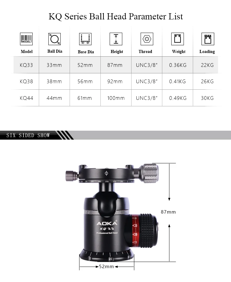 AOKA KQ44 Максимальная загрузка 30 кг профессиональная dslr камера штатив шаровая Головка с быстроразъемной пластиной