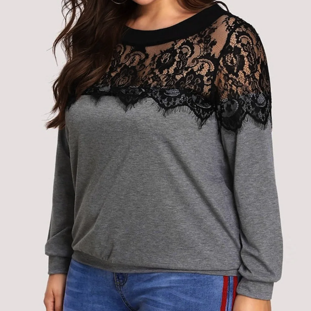 

Women Large Size Top Fashion Casual Solid O-Neck Lace Hollow Out Patchwork Long Sleeve Tops XL-5XL dames blouse zomer 35#